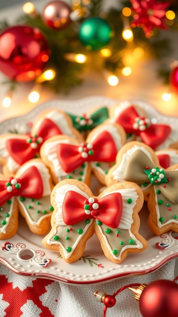 A plate of decorated Christmas bow cookies with colorful icing and sprinkles, set against a festive holiday background.